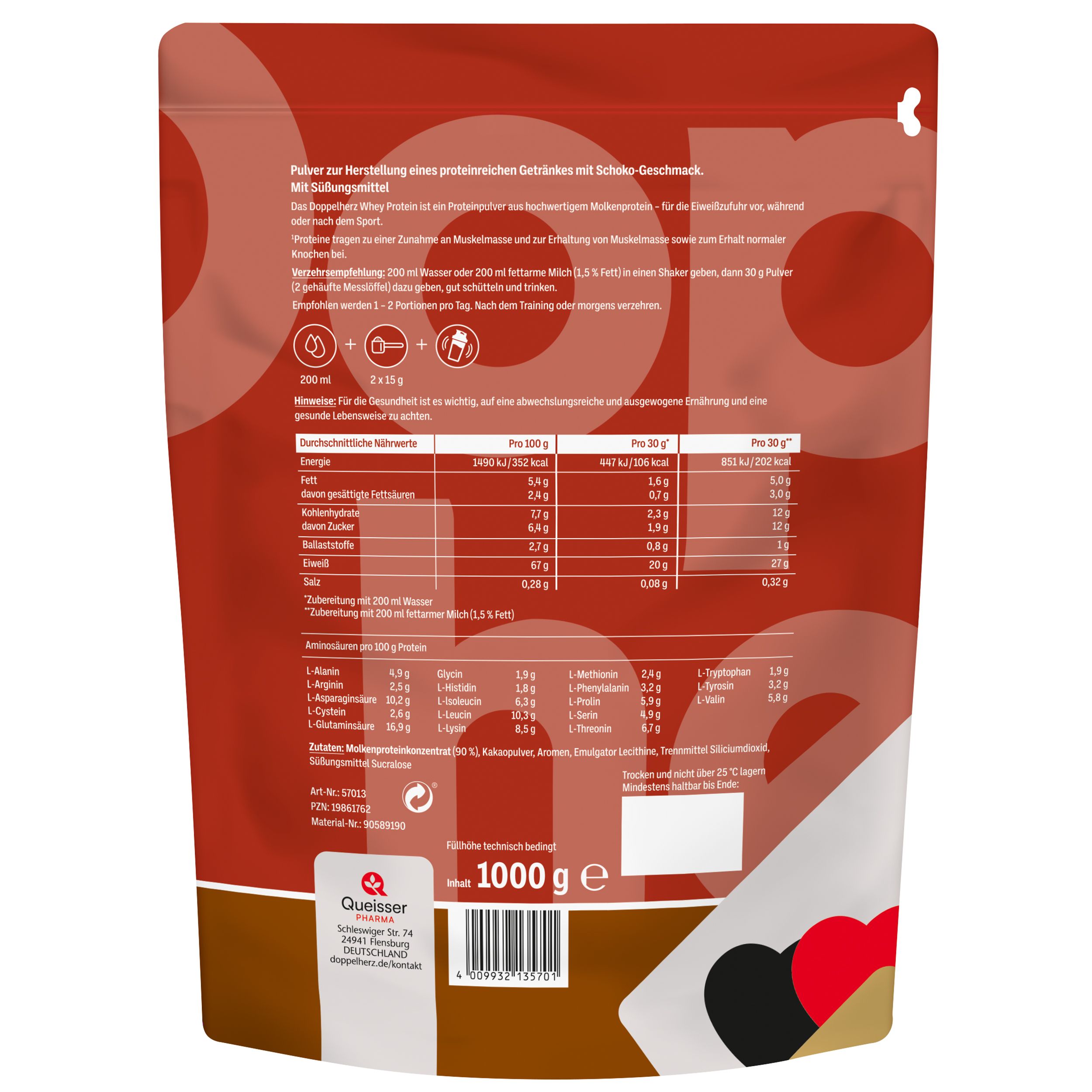 Braune Proteinpulver-Verpackung. Rückseite mit Nährwertangaben, Inhaltsstoffen und Herstellerinformationen. 1000g.