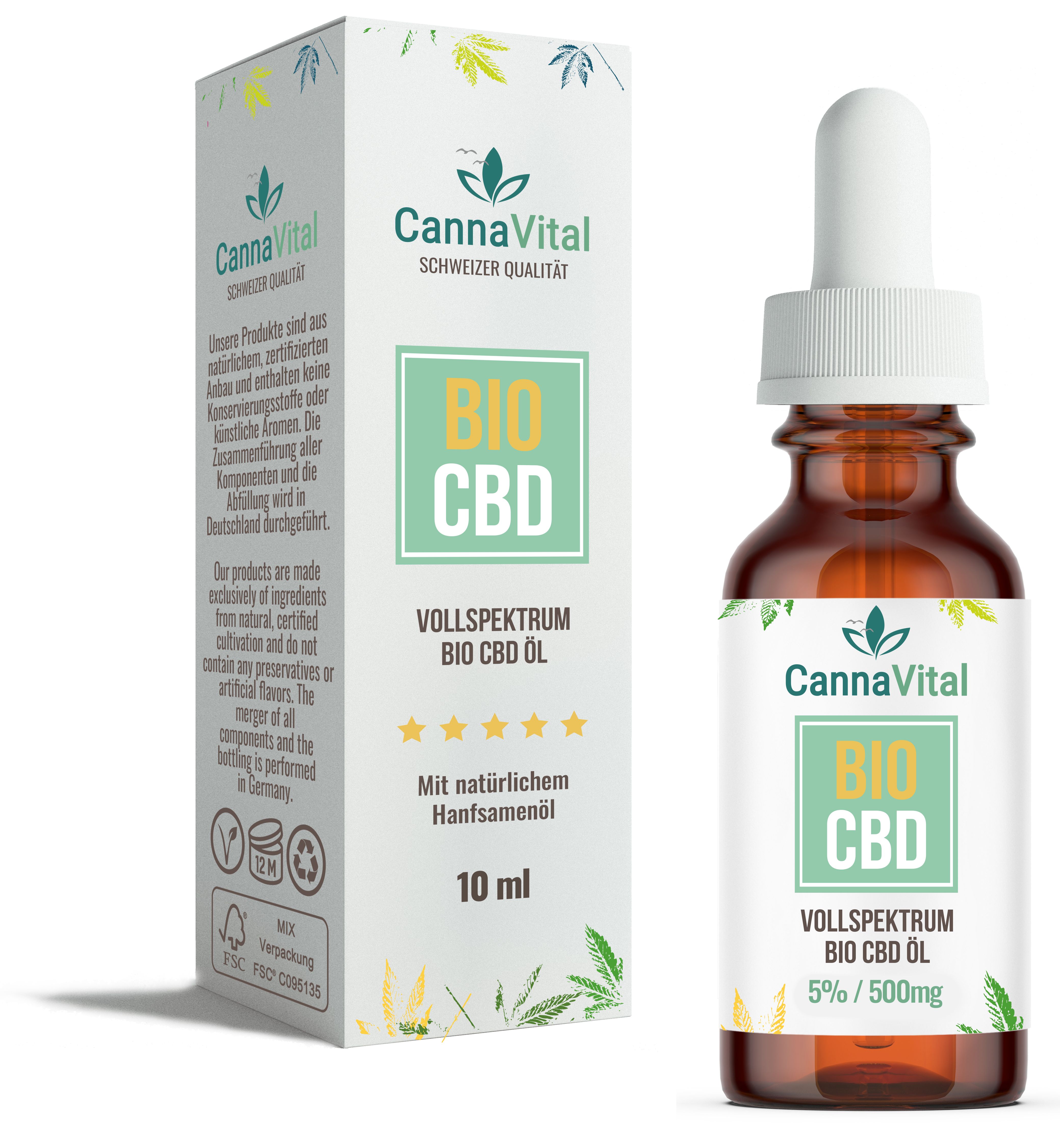 Braune Glasflasche mit Pipette und Verpackung. Aufschrift: Bio CBD, 5%/500mg, 10 ml. CannaVital Logo.