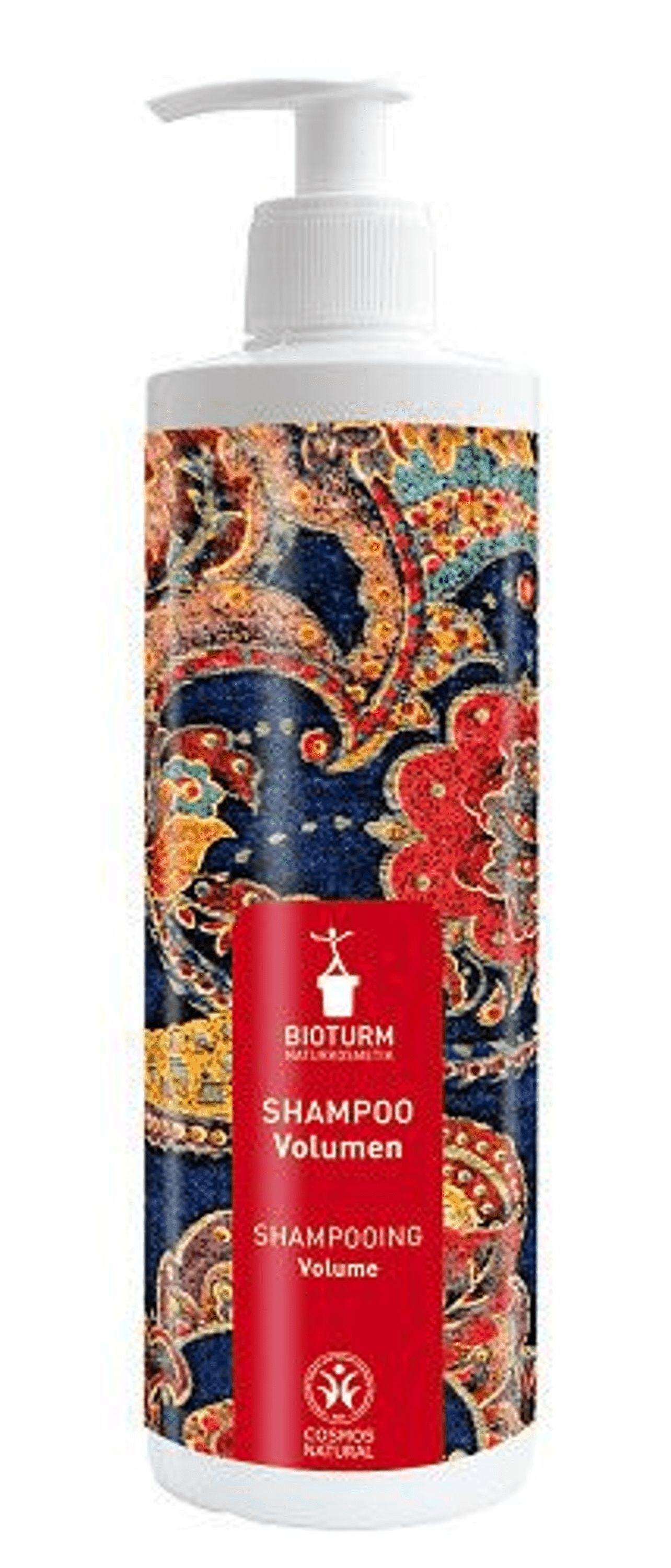 Shampoo-Flasche mit Pumpe. Roter Aufkleber mit Produktnamen und Logo. Muster auf blauem Hintergrund.