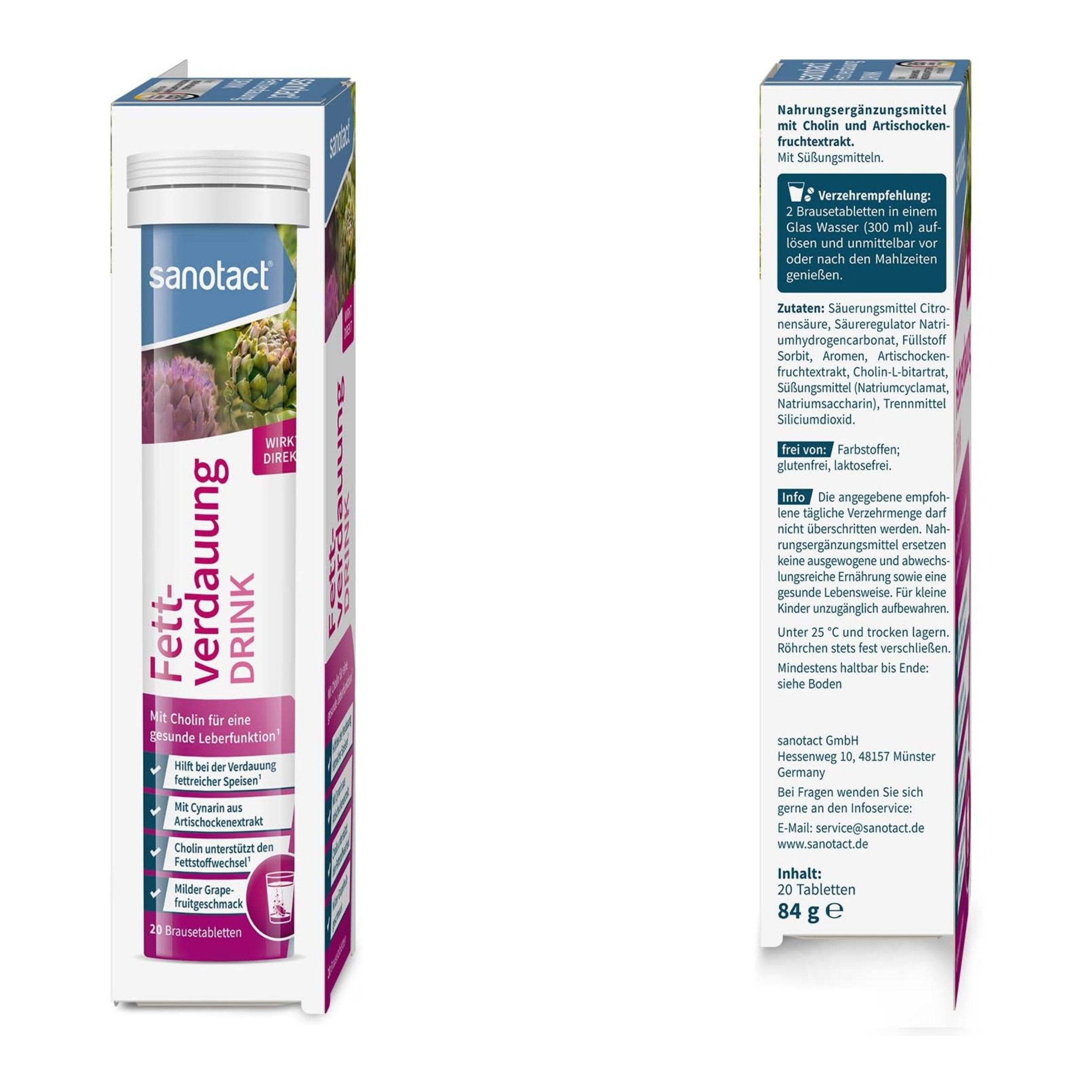 sanotact Fettverdauung Drink (12 x 20 Brausetabletten) • Artischocke mit Cholin für Fettstoffwechsel