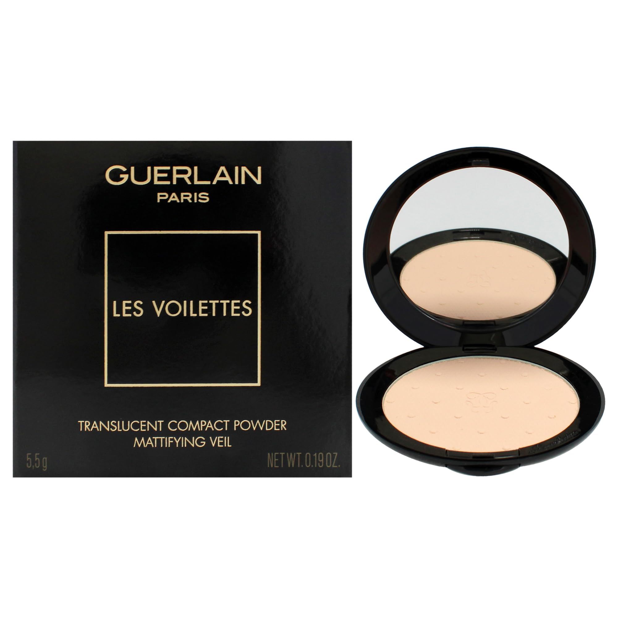 Kompaktpuder mit Spiegel. Schwarze Hülle, offene Form. Puder hellbeige. Text: Guerlain, Les Voilettes, Translucent Compact Powder, Mattifying Veil.