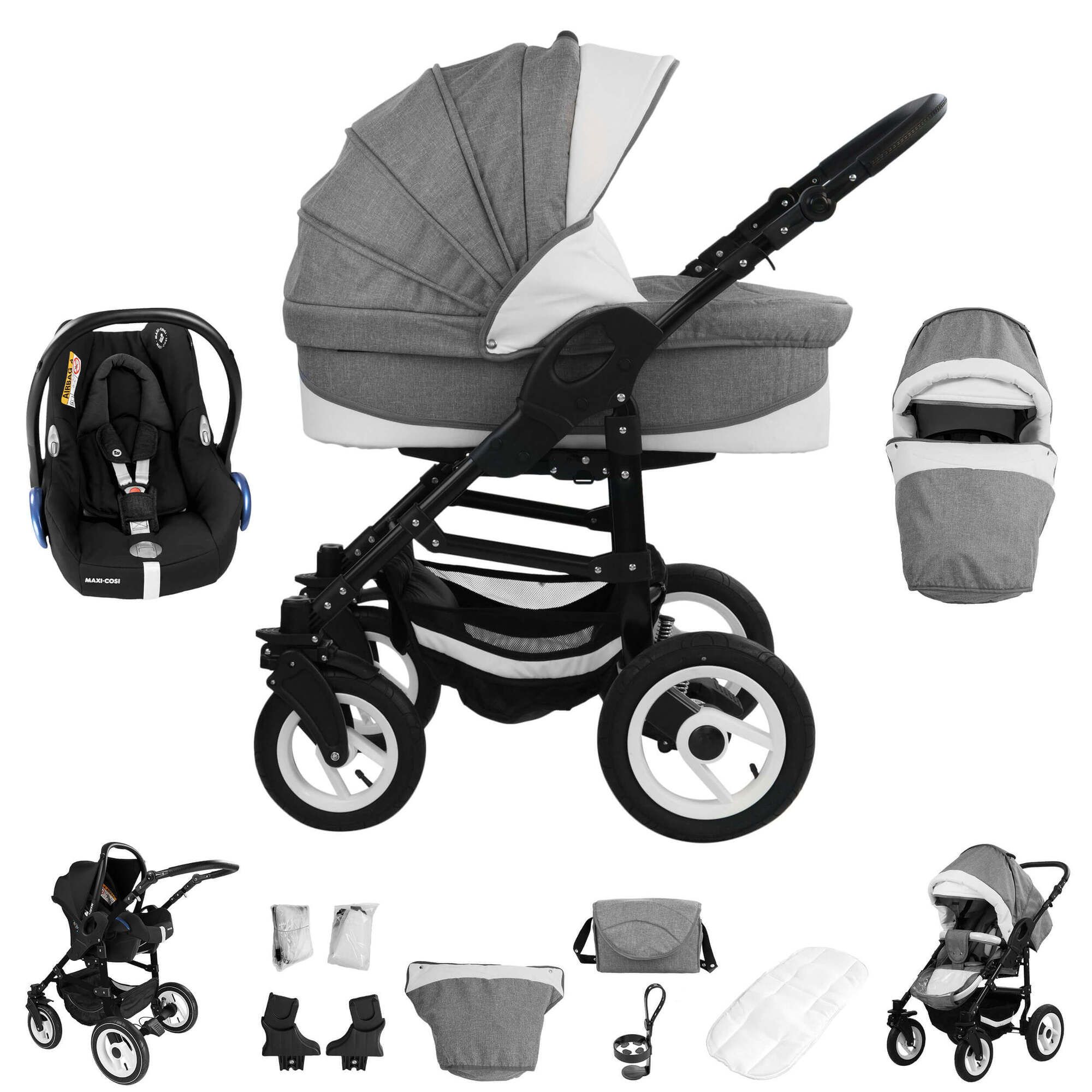 Bebebi Florenz 3 in 1 Kinderwagen Set mit Original Maxi Cosi, Luftreifen, Galileo Lightgrey Black