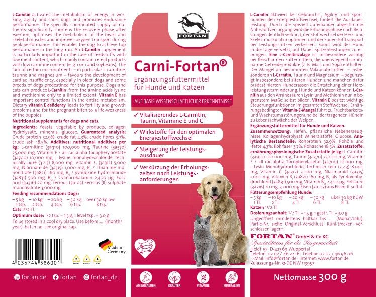 Carni-Fortan Ergänzungsfutter, Etikett mit Produktinformationen. Hund und Katze abgebildet. Text in Deutsch.