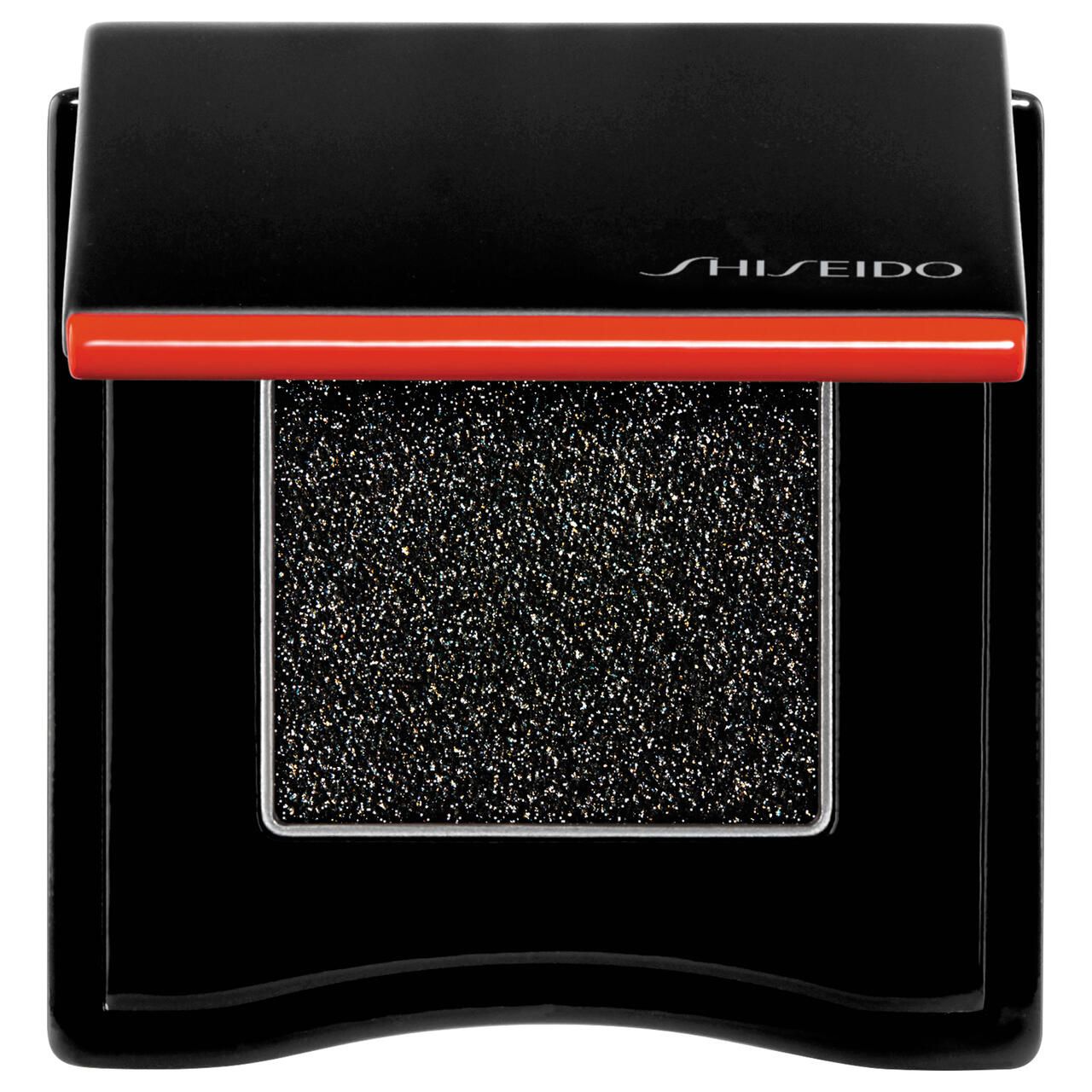 Schwarzer Lidschatten in quadratischer, schwarzer Kompaktverpackung mit rotem Akzent und Shiseido-Logo.