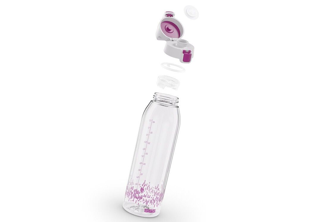 Zerlegte transparente Trinkflasche mit weißem Deckel und pinkfarbenen Akzenten. Einzelteile schweben über der Flasche.