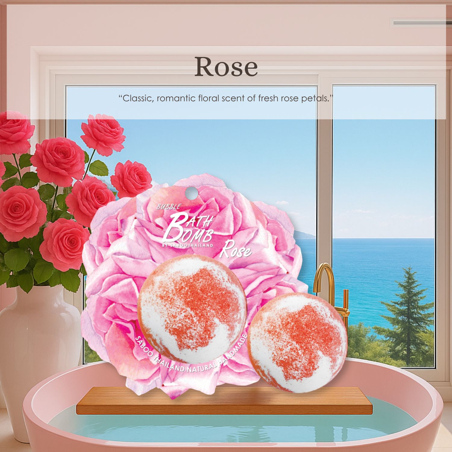 Zwei Bad Bomben Rose, rot-weiß, mit Blüten-Dekoration. Text: Rose, Classic, romantic floral scent.