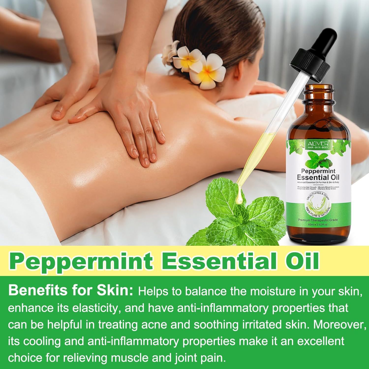 Braune Glasflasche mit Pipette und ätherischem Öl. Anwendung auf dem Rücken. Text: Vorteile für die Haut.