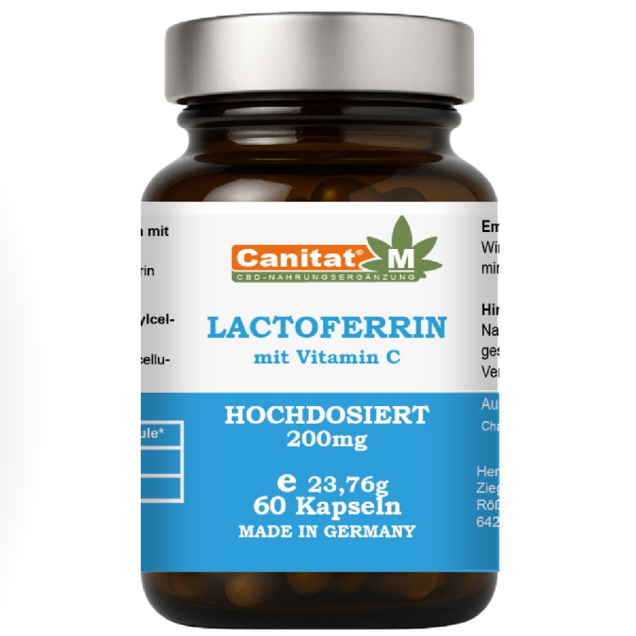 Braune Glasflasche mit silbernem Deckel. Blaues Etikett mit Aufschrift Lactoferrin, Vitamin C, 200mg, 60 Kapseln. Made in Germany.