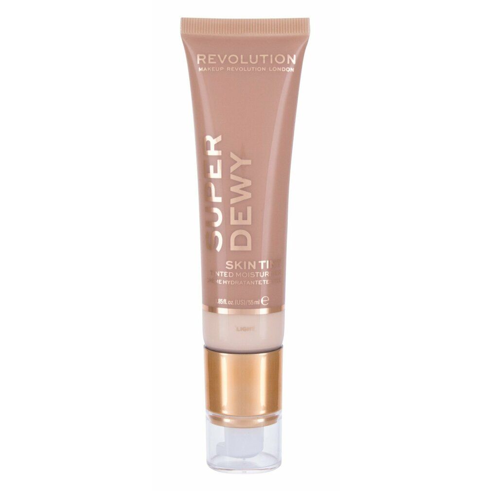 Beigefarbene Tube mit goldfarbenem Deckel. Aufschrift: Super Dewy, Skin Tinted Moisturiser, Light. Marke: Revolution.