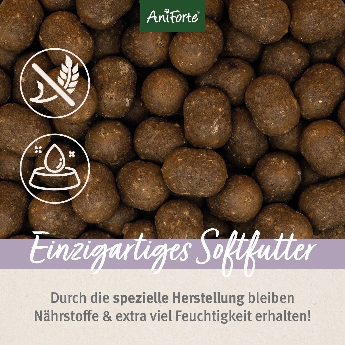 Nahaufnahme von braunen, ovalen Trockenfutterbrocken. Mit Symbolen für glutenfrei und Feuchtigkeit. Text: Einzigartiges Softfutter.