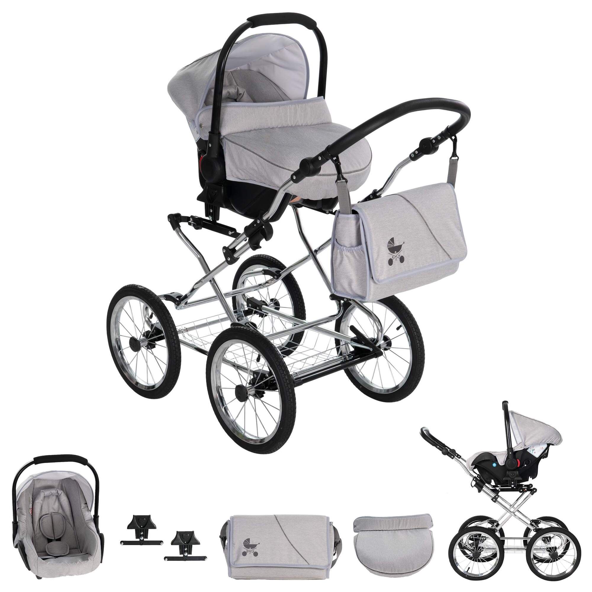 Friedrich Hugo München 4 in 1 Kinderwagen ISOFIX Set, Silbergrau Chrom Schwarz
