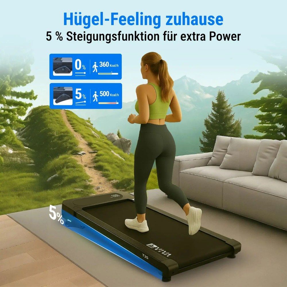 AsVIVA T25 Walking Pad Display zeigt Distanz, Zeit, Kalorien und Geschwindigkeit an.