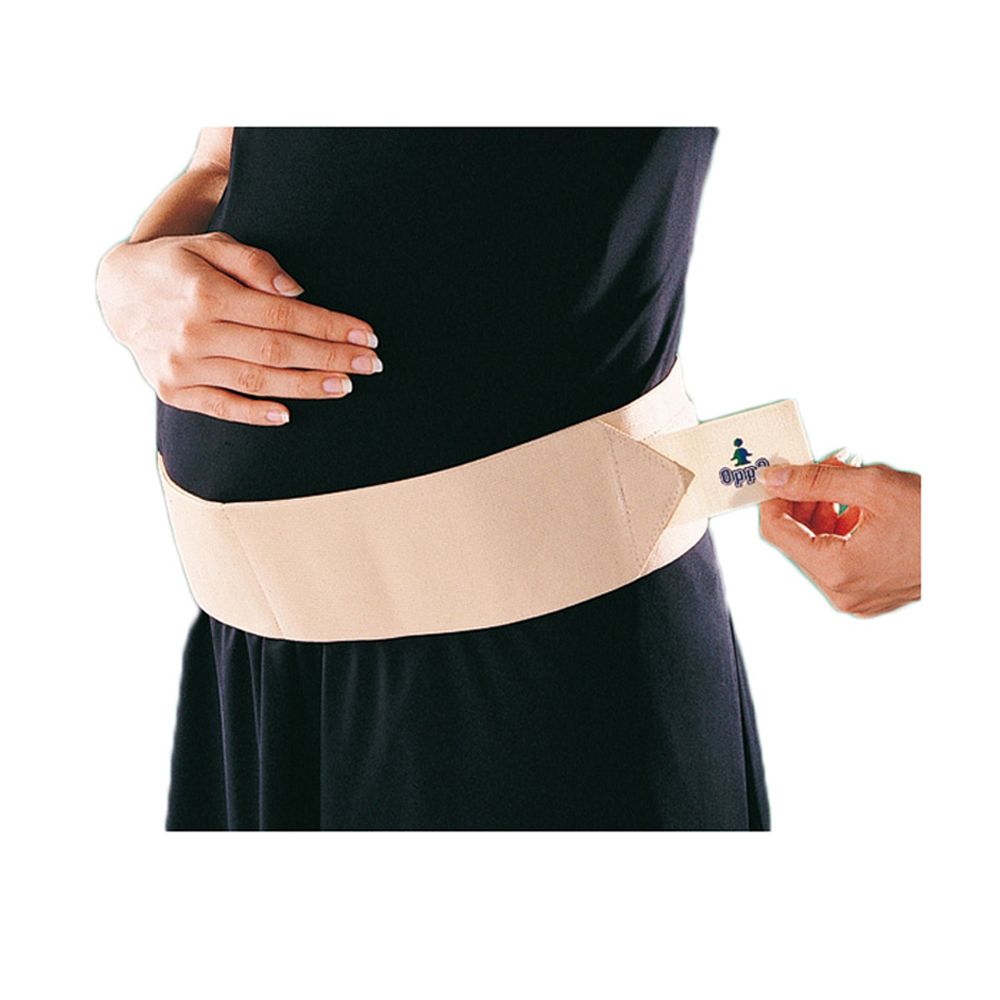 Beige Umstandsbandage aus Stoff, die um den Bauch getragen wird. Ein kleines Etikett mit dem Oppo-Logo ist sichtbar.