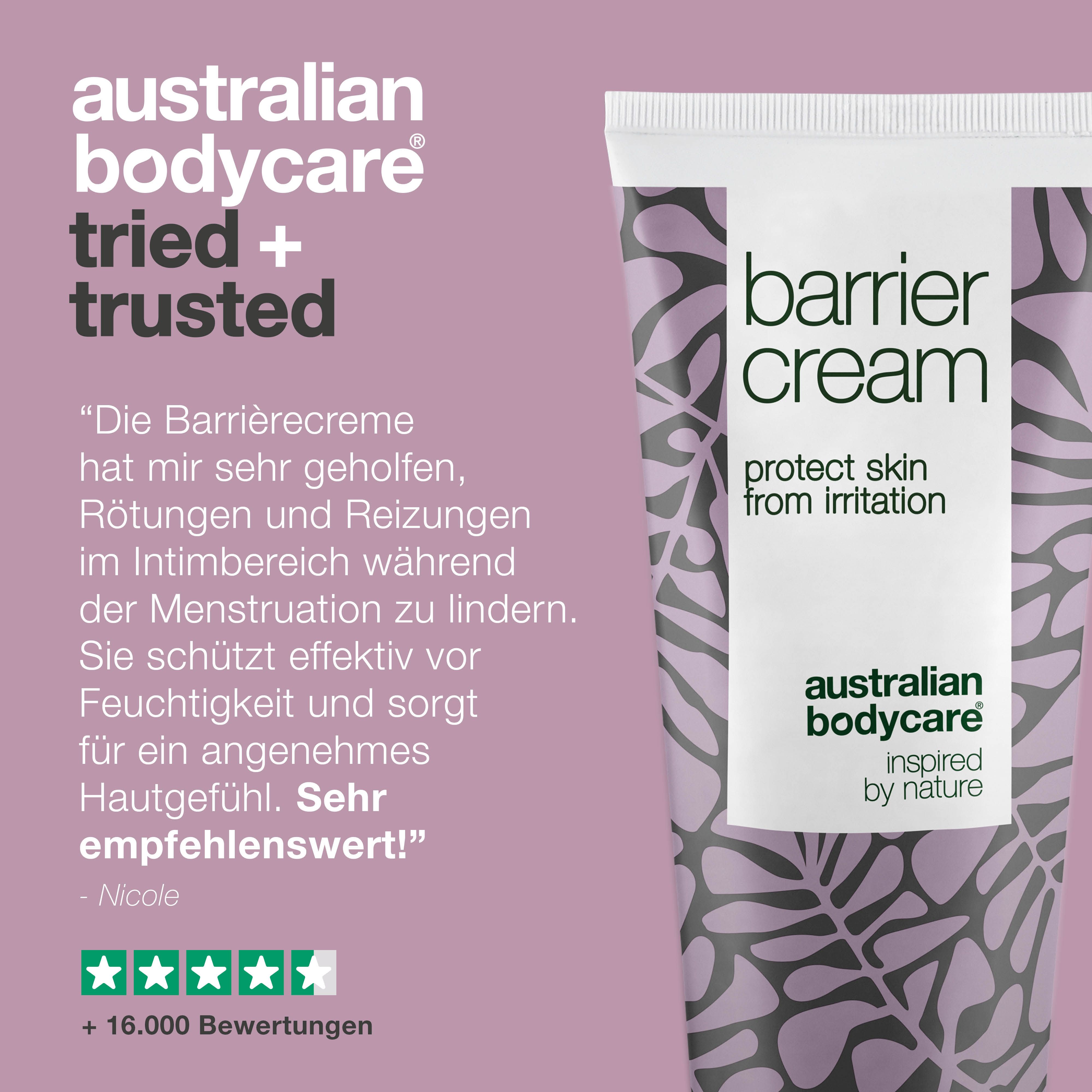 Produktabbildung: Australian Bodycare. Barrier Cream-Tube. Text: Sehr empfehlenswert! +16.000 Bewertungen.
