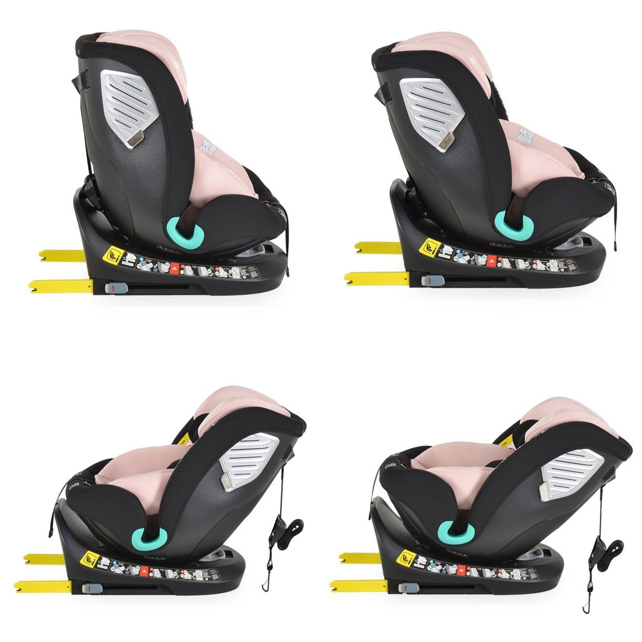 Rosa Kindersitz mit Isofix-Basis in verschiedenen Neigungswinkeln.