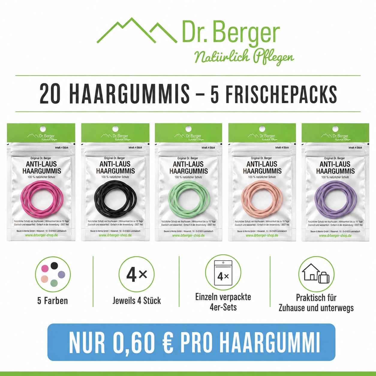 Fünf Packungen Anti-Laus-Haargummis in 5 Farben, 20 Stück insgesamt. Einzeln verpackt.
