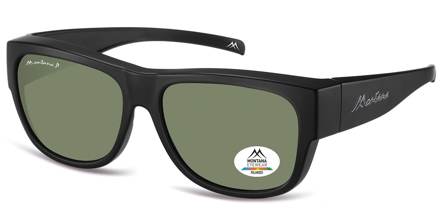 Schwarze Sonnen-Überbrille, seitliche Ansicht. Grüne Gläser, Montana Eyewear Logo. Polarisations-Aufkleber.