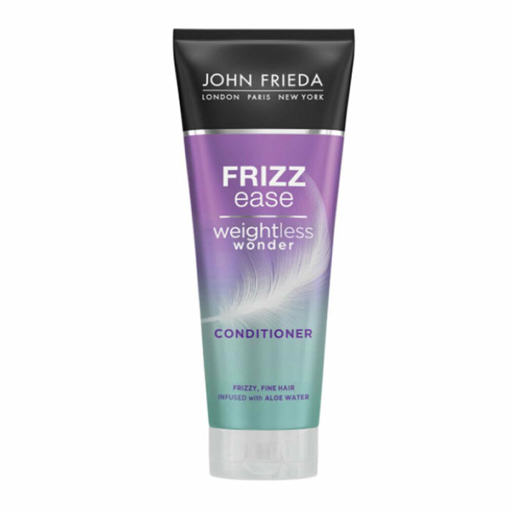 John Frieda Frizz Ease Conditioner Tube. Lila-grünes Design mit Text: Frizz Ease, Weightless Wonder, Conditioner. Für feines, krauses Haar.