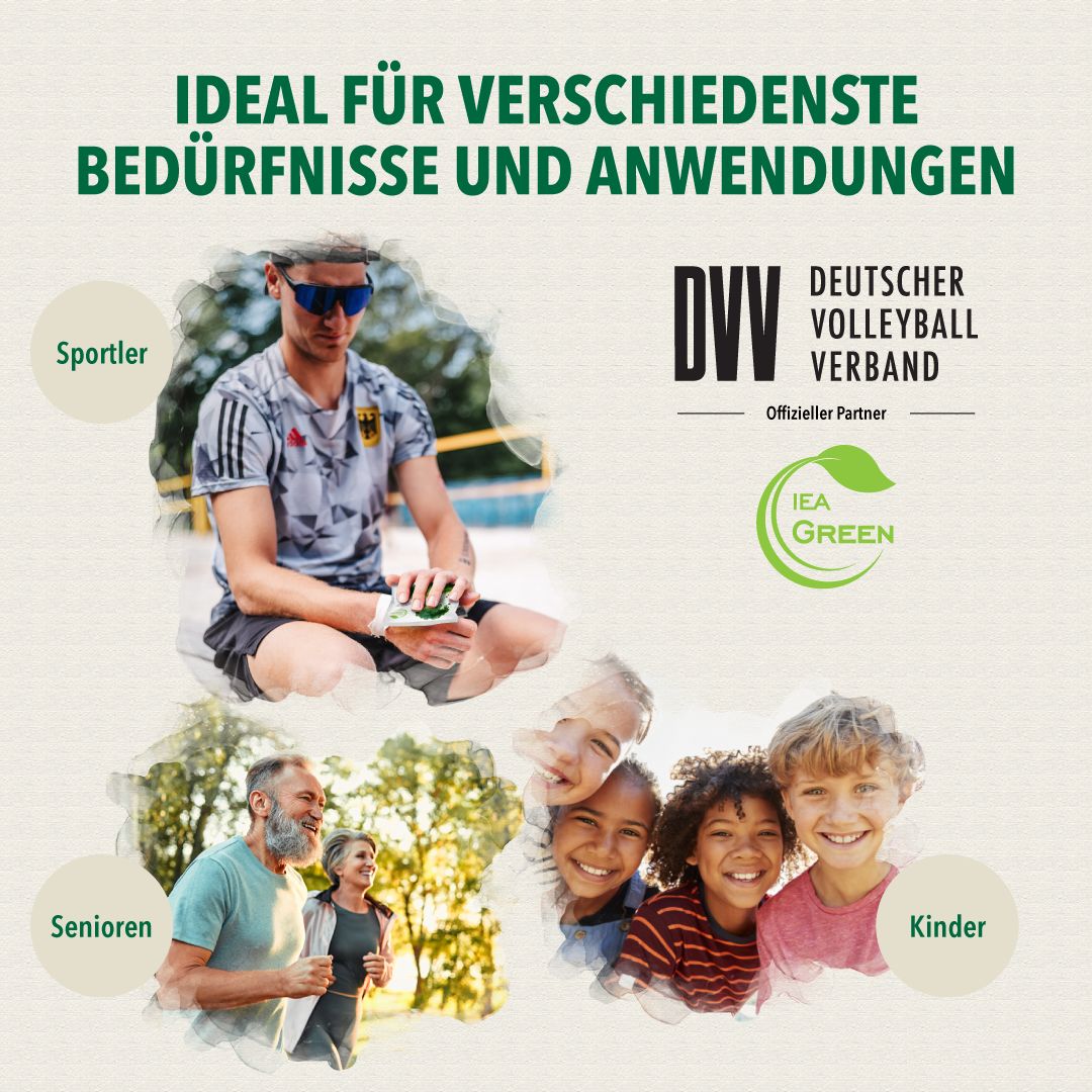 Illustrationen: Sportler, Senioren, Kinder. Logo Deutscher Volleyball Verband, IEA Green. Text: Ideal für Bedürfnisse.