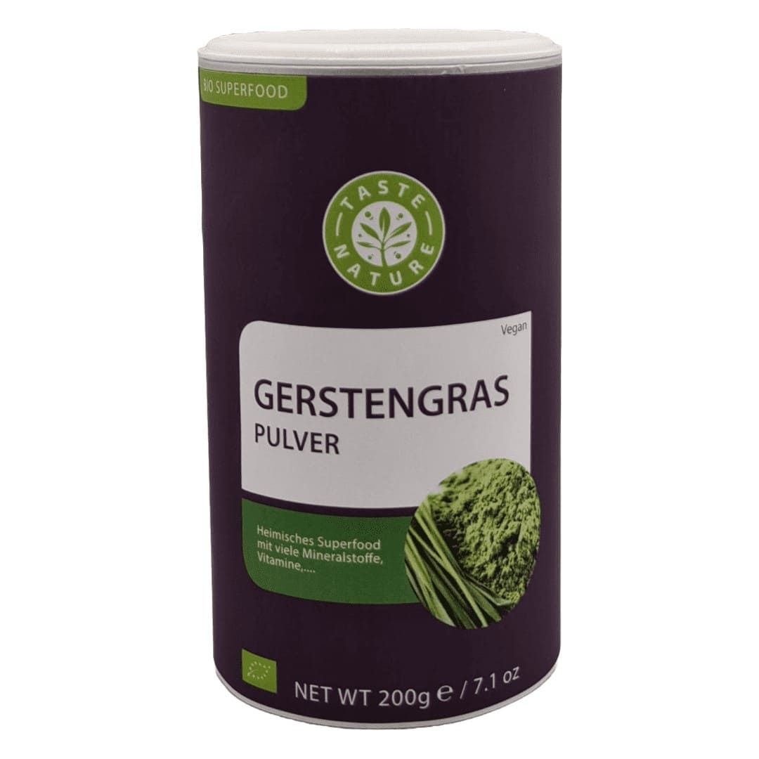 Zylindrische Dose mit Gerstengras Pulver. Aufschrift: Taste Nature, Gerstengras Pulver, Netto 200g.