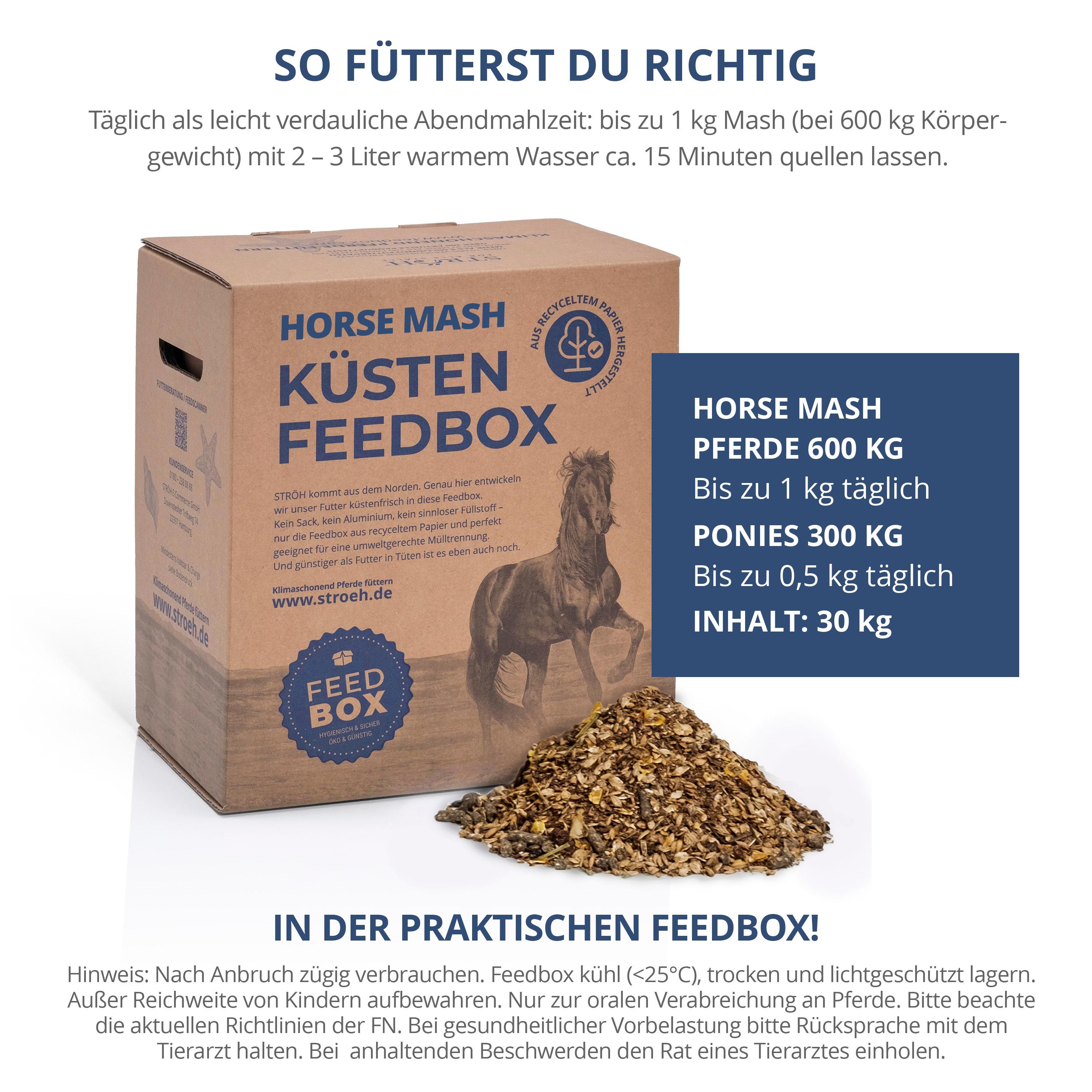 Karton Horse Mash Feedbox, Futterhaufen. Text: So fütterst du richtig, Dosierung für Pferde und Ponys, Inhalt: 30 kg.