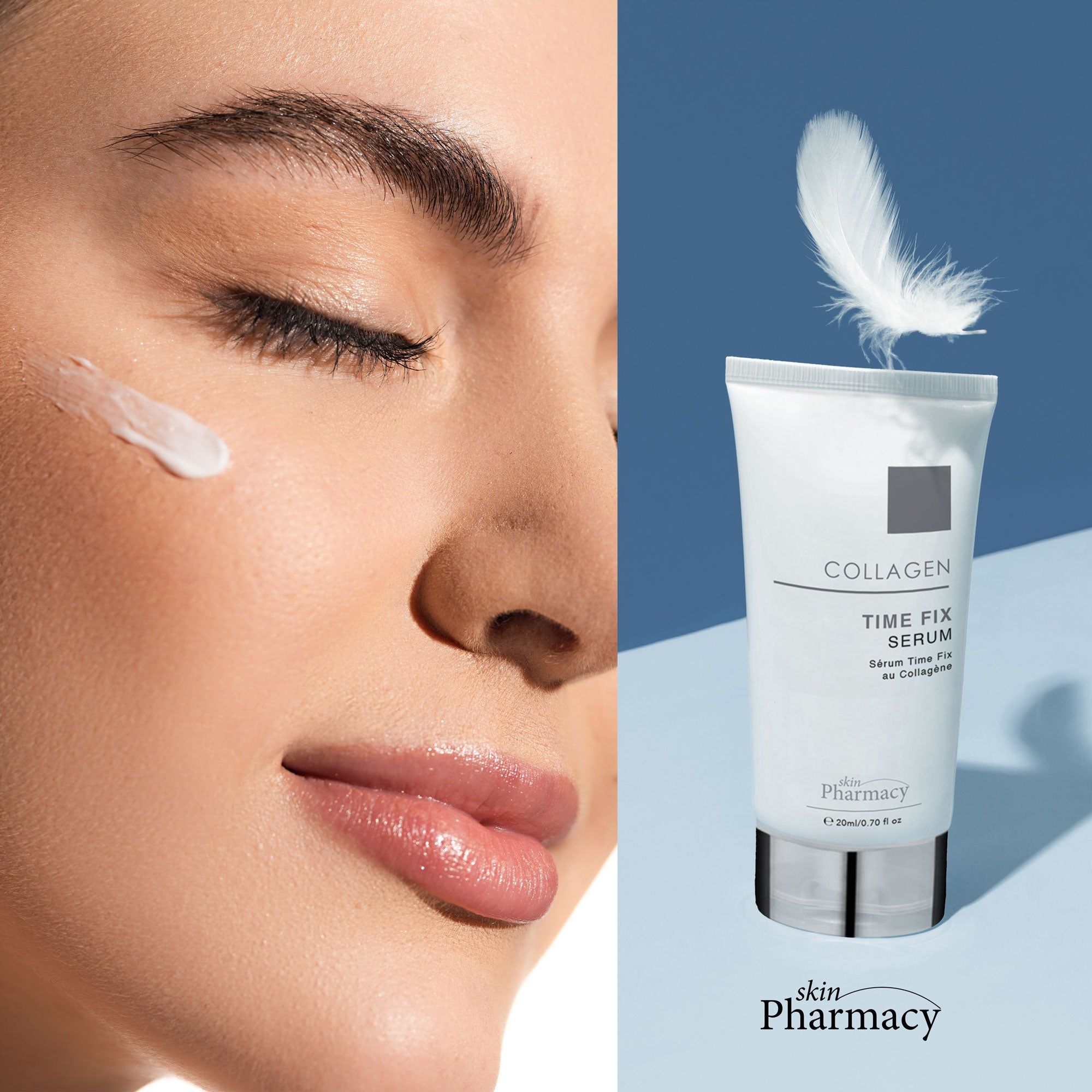 Gesicht mit Serum aufgetragen. Weiße Tube mit Aufschrift: Collagen Time Fix Serum. Marke: skinPharmacy. Feder.
