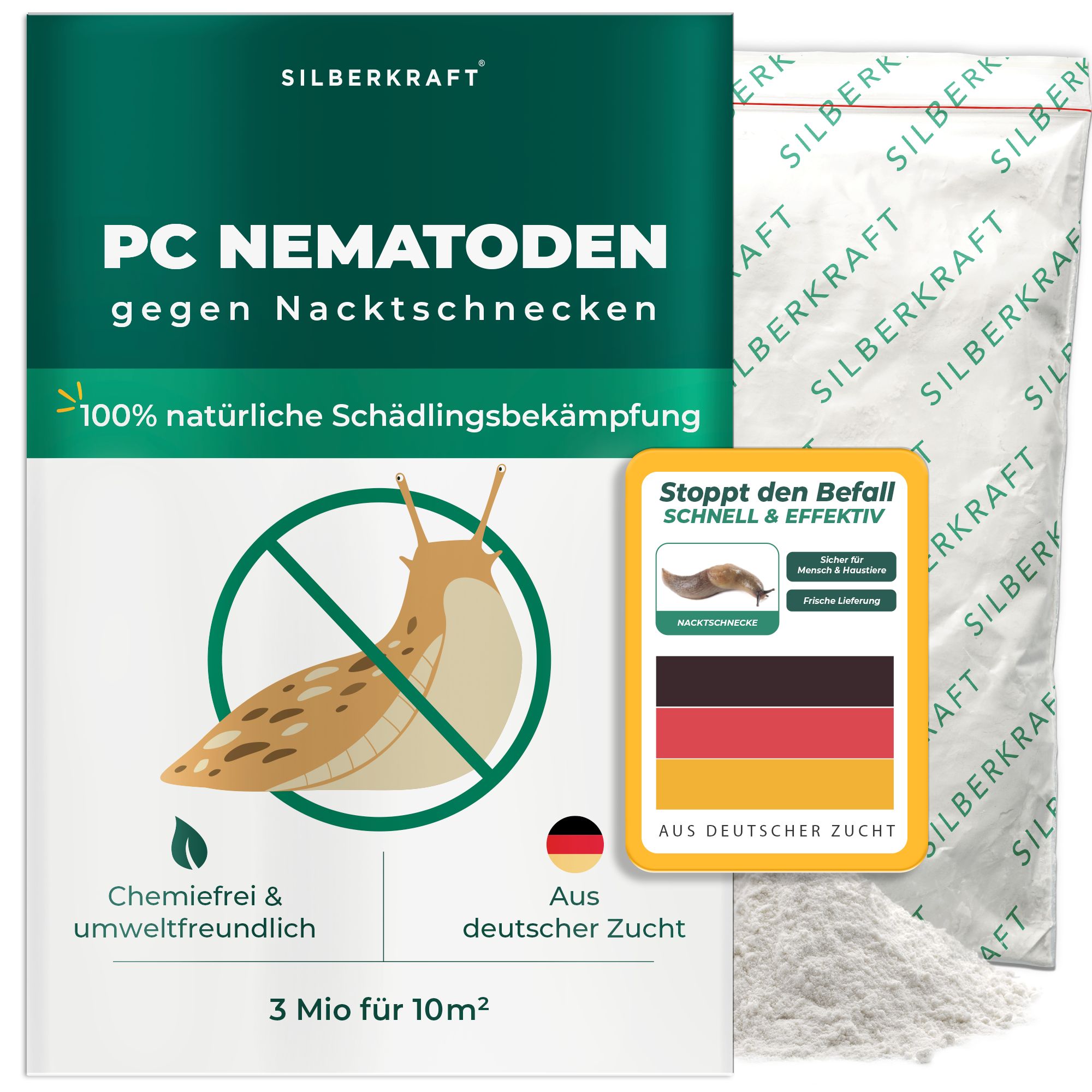 Packung mit PC Nematoden gegen Nacktschnecken, 3 Mio für 10m², chemiefrei.