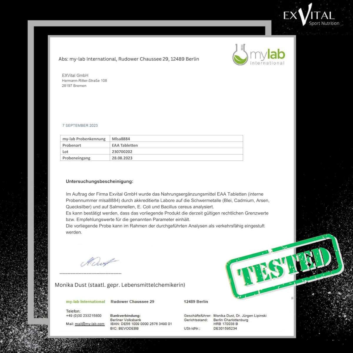Laborbericht mit Logo. Text: mylab international, EAA Tabletten, getestet. Unterschrift von Monika Dust.