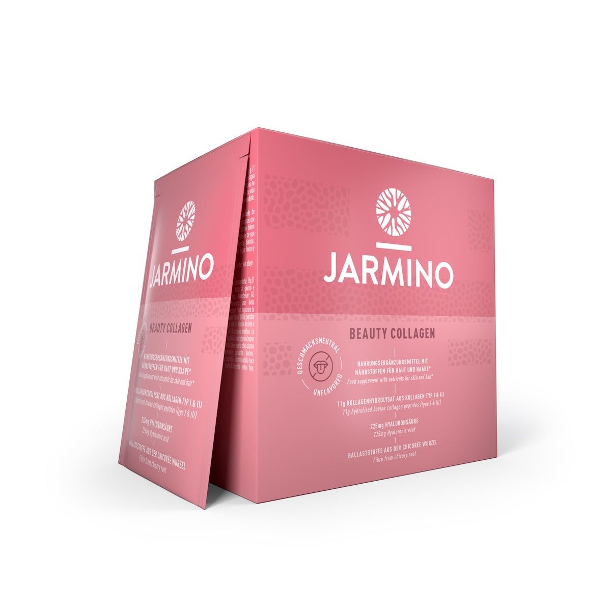 Rosa Schachtel mit Aufschrift Jarmino Beauty Kollagen. Geöffnet, zeigt Innenseite.