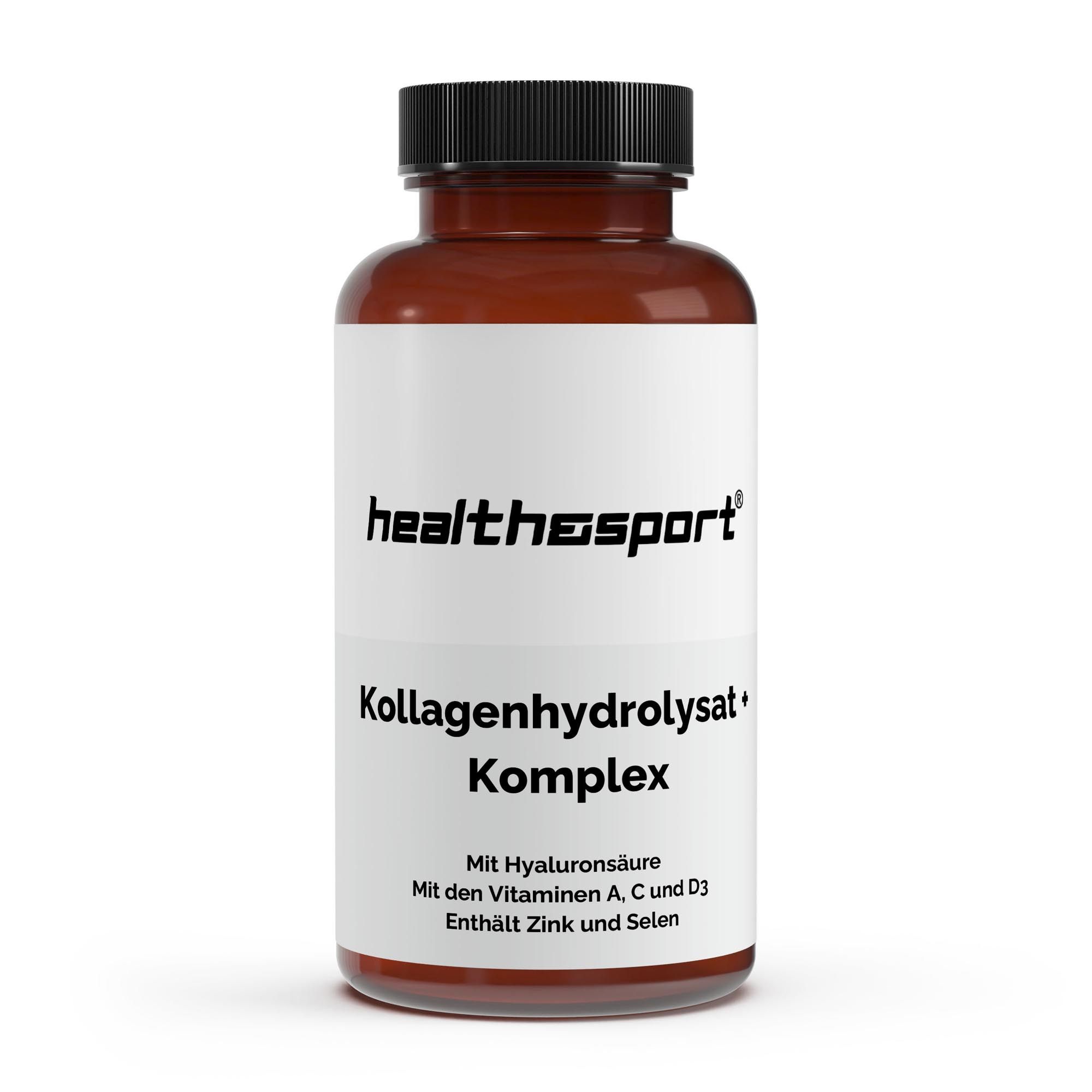 Braune Kapsel-Dose mit schwarzem Deckel. Weißes Etikett mit 'health+sport' Logo und Produktbezeichnung: Kollagenhydrolysat+ Komplex.