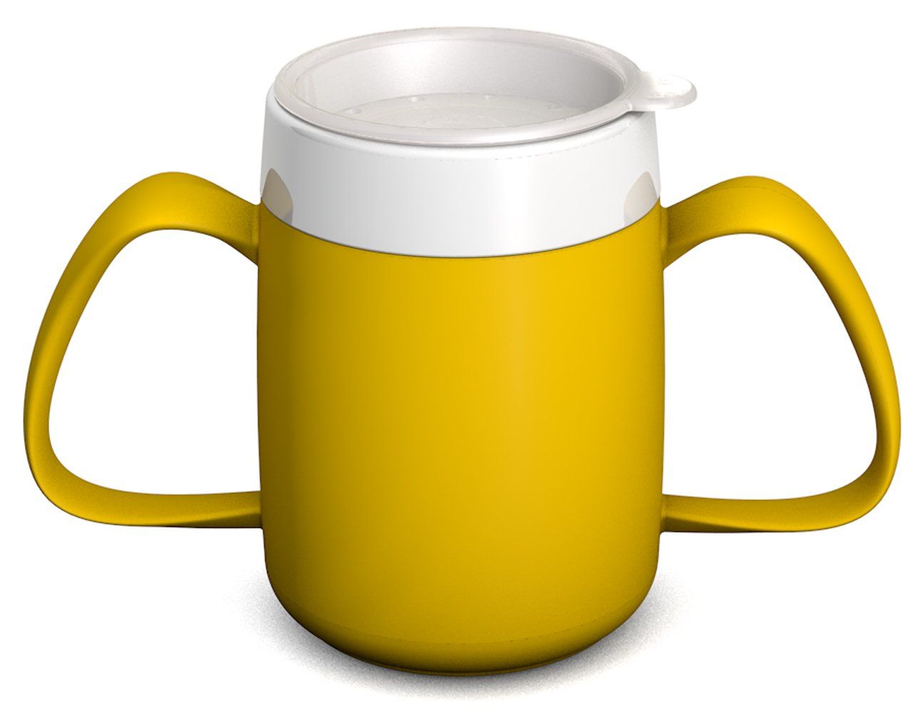Gelber Becher mit zwei Griffen und weißem Deckel. Trinkaufsatz sichtbar.