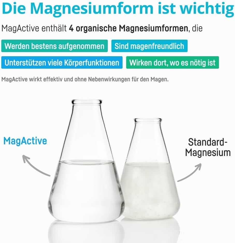 Bio Medical Pharma MagActive: Vergleich von Magnesiumformen in Laborflaschen.