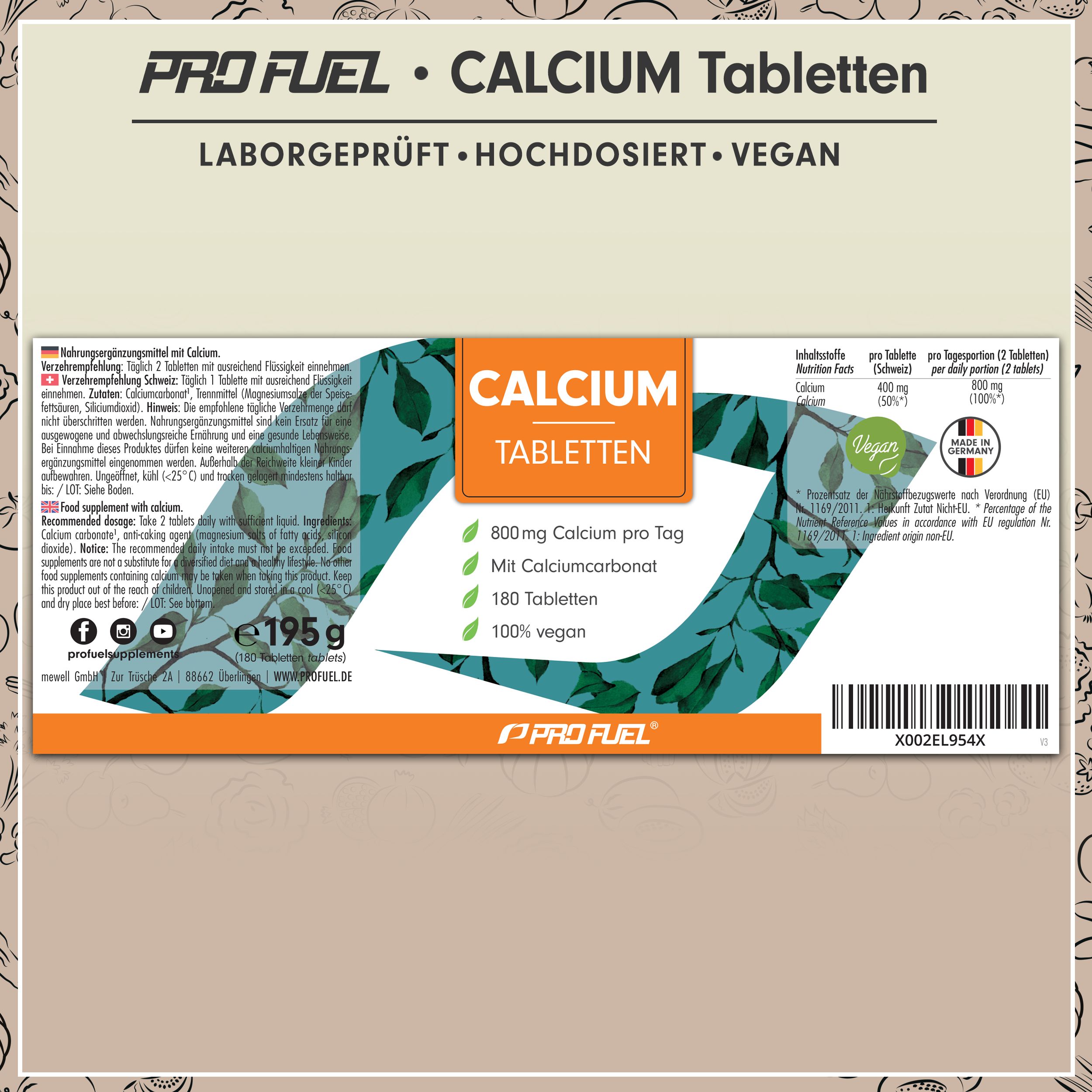 Verpackung von Calcium Tabletten. Text: 800 mg Calcium pro Tag, 180 Tabletten, 100% vegan. Mit Calciumcarbonat. Vegan-Siegel.