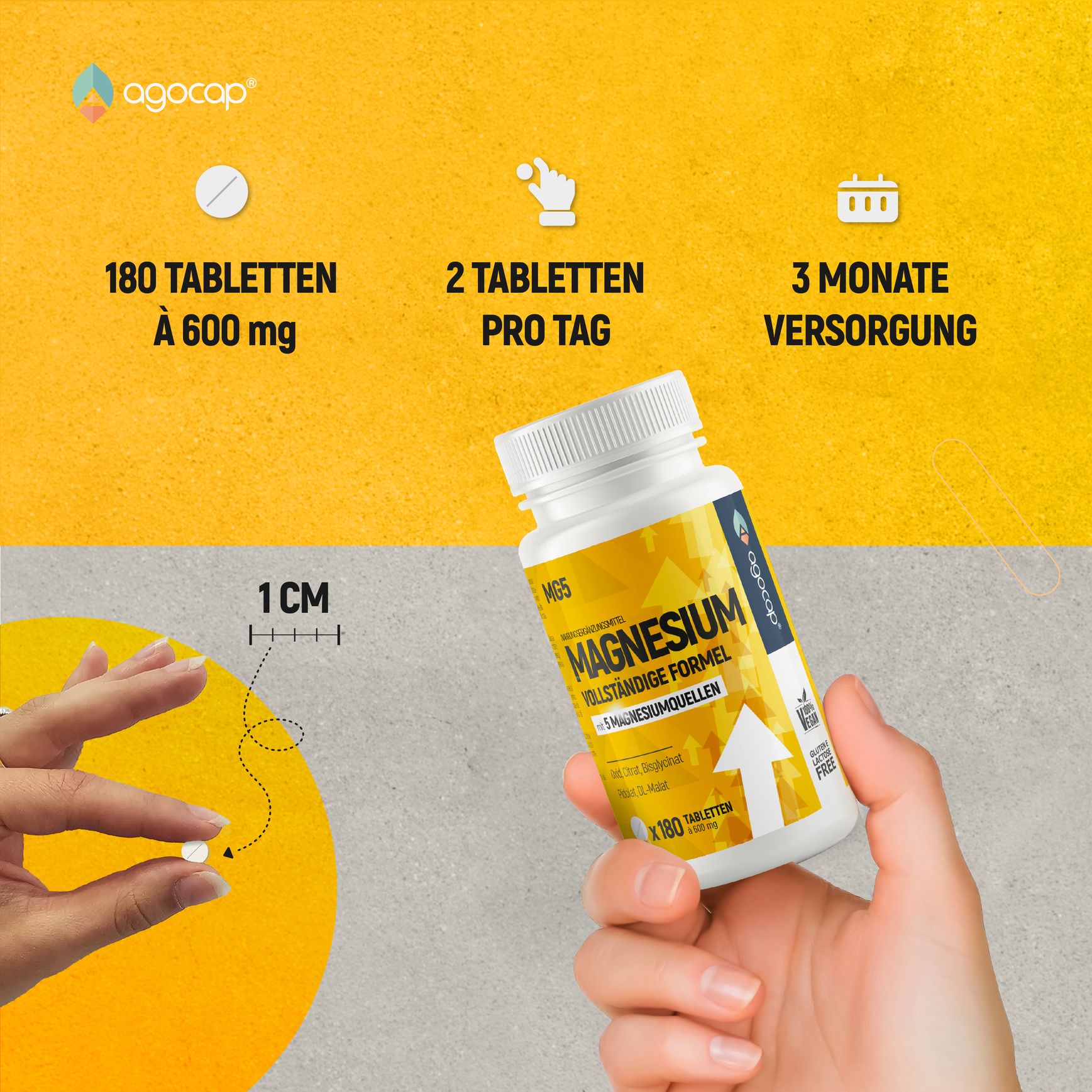 Hände halten Tablette und Flasche. Gelber Hintergrund mit Text: 180 Tabletten à 600 mg, 2 Tabletten pro Tag, 3 Monate Versorgung.