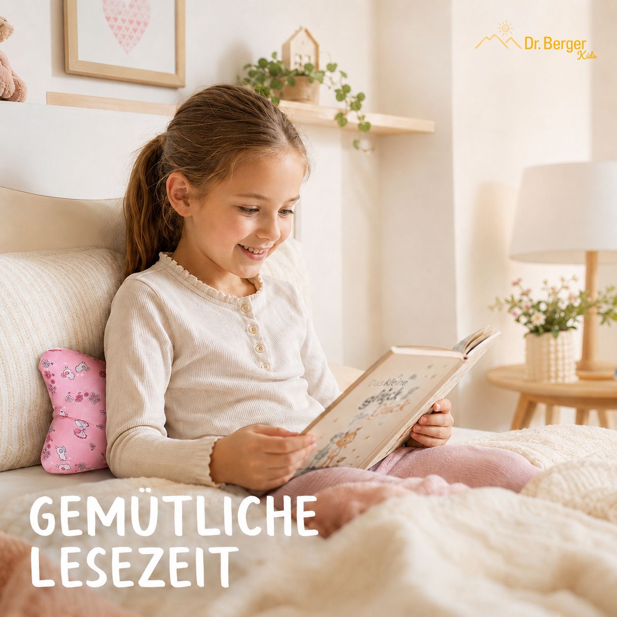 Ein Mädchen liest in einem Bett, gestützt von einem rosa Nackenkissen mit Tiermotiven.