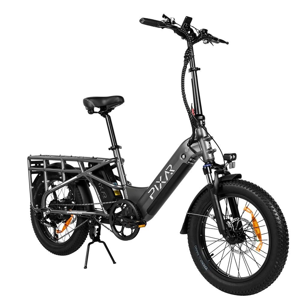 Graues Elektro-Lastenrad. Schwarze Reifen, Gepäckträger, Sattel und Lenker. Sichtbare Marke PIXAR. 20 Zoll.