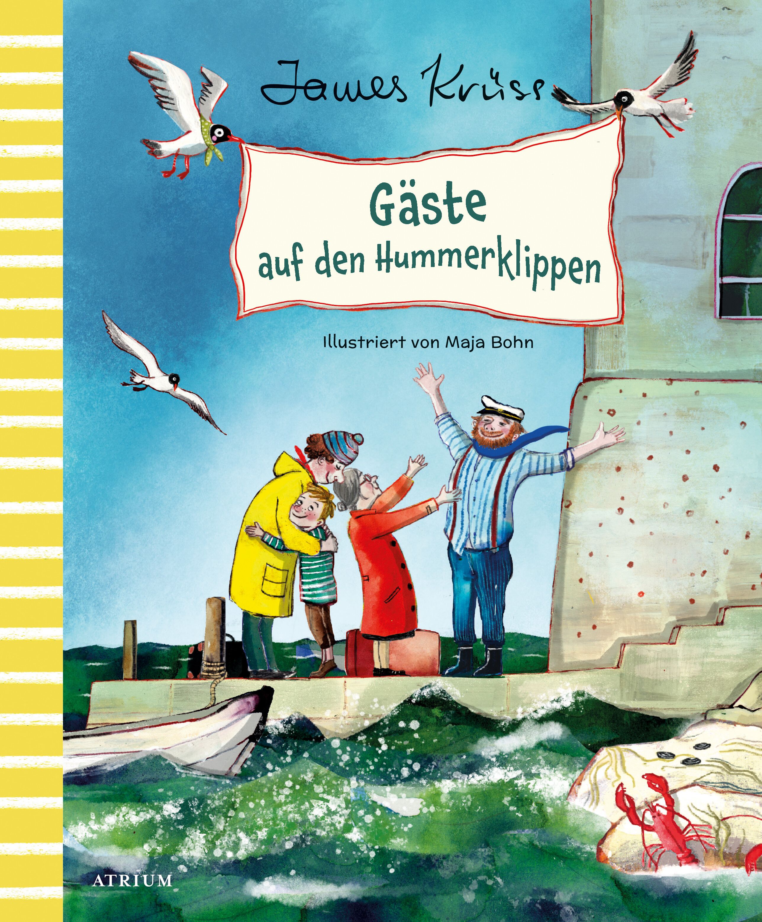 Buchcover mit Titel "Gäste auf den Hummerklippen" von James Krüss. Illustration von Maja Bohn. Szene mit Personen, Möwen und Hummer.