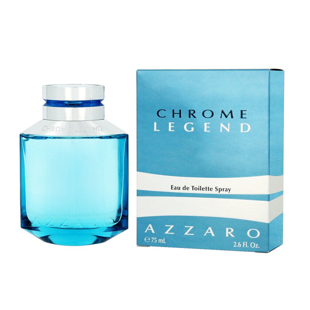 Blaues Parfümflakon und Schachtel. Auf der Schachtel steht "Chrome Legend" und "Eau de Toilette Spray". Flakon mit silbernem Deckel. Azzaro Logo unten.