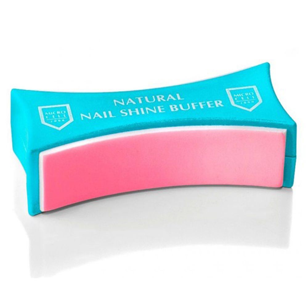 Ein pinkfarbener Nagel-Shine-Buffer in einer türkisfarbenen Hülle. Aufschrift: Natural Nail Shine Buffer. Logo: Micro Cell.