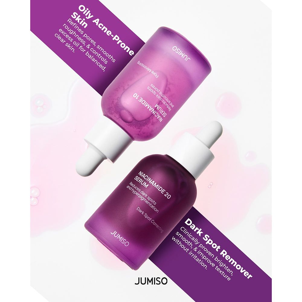 Zwei violette Glasflaschen mit Pipettenaufsatz, eine mit Niacinamid 10 Serum, die andere mit Niacinamid 20 Serum.