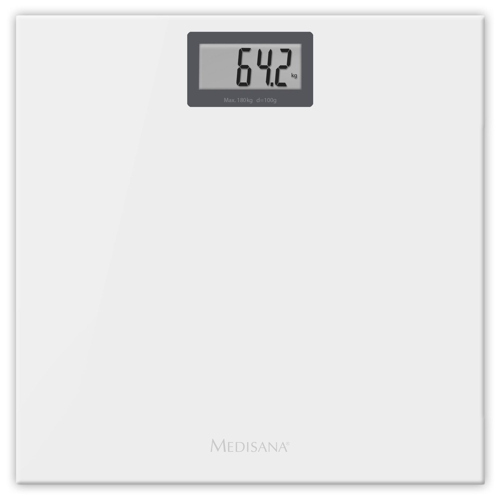 Digitale Personenwaage mit Display. Anzeige: 64,2 kg. Marke: Medisana. Weiße Oberfläche.