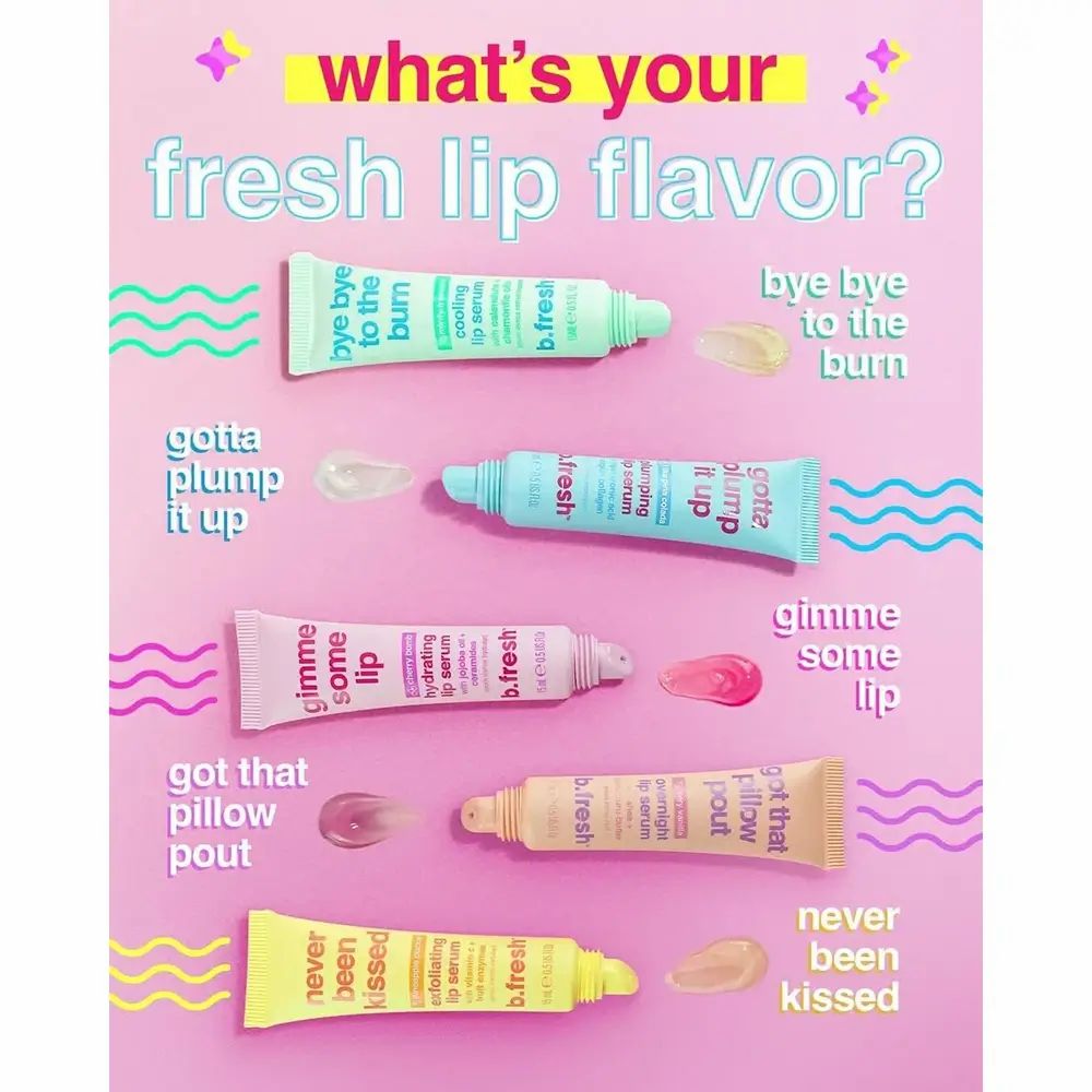 Verschiedene Lippen-Serum-Tuben auf rosa Hintergrund. Verschiedene Farben und Aufschriften. Marke: b.fresh. Mit Produktbeispielen.