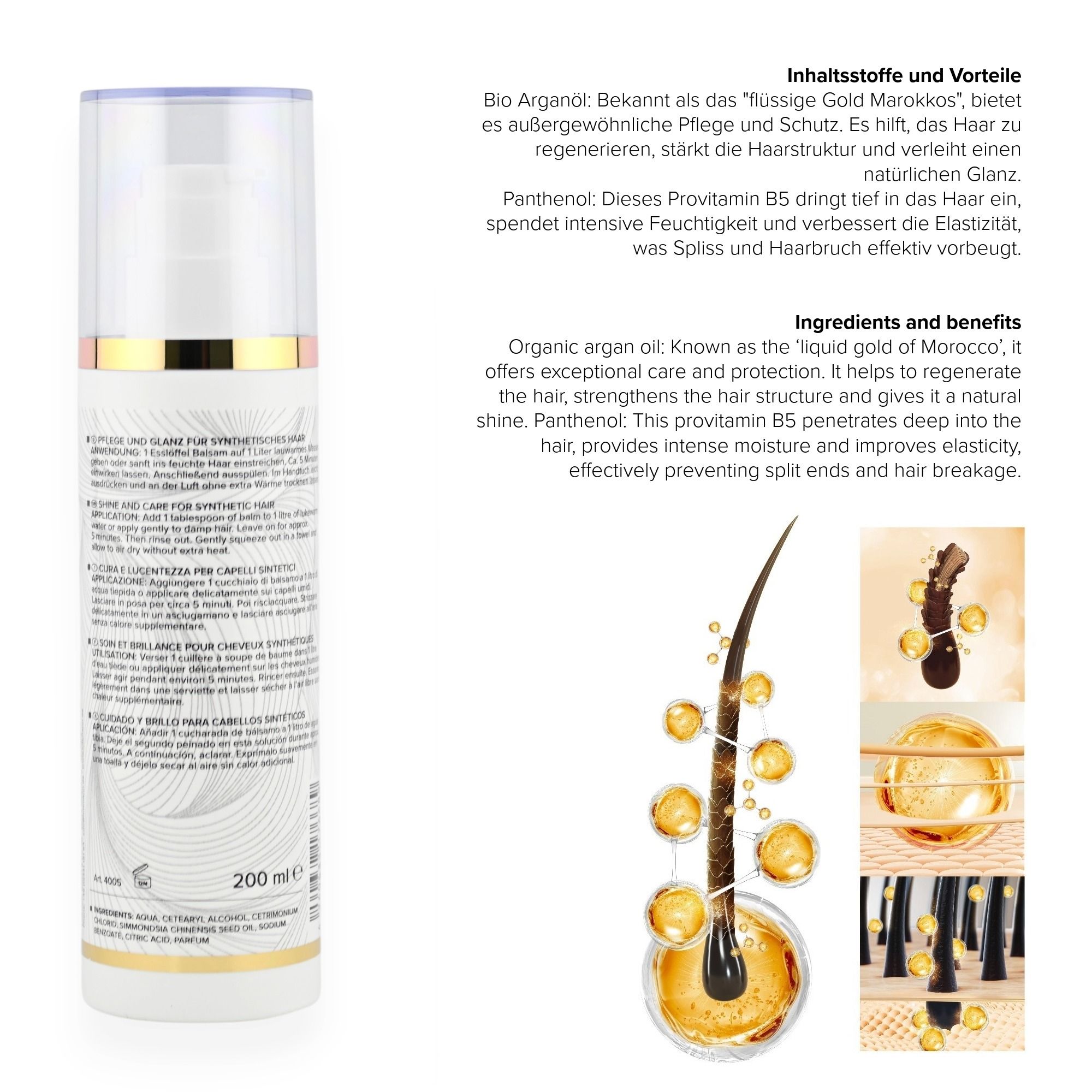 Flasche mit "Synthetik Hair Balsam" und Text. Inhaltsstoffe und Vorteile.