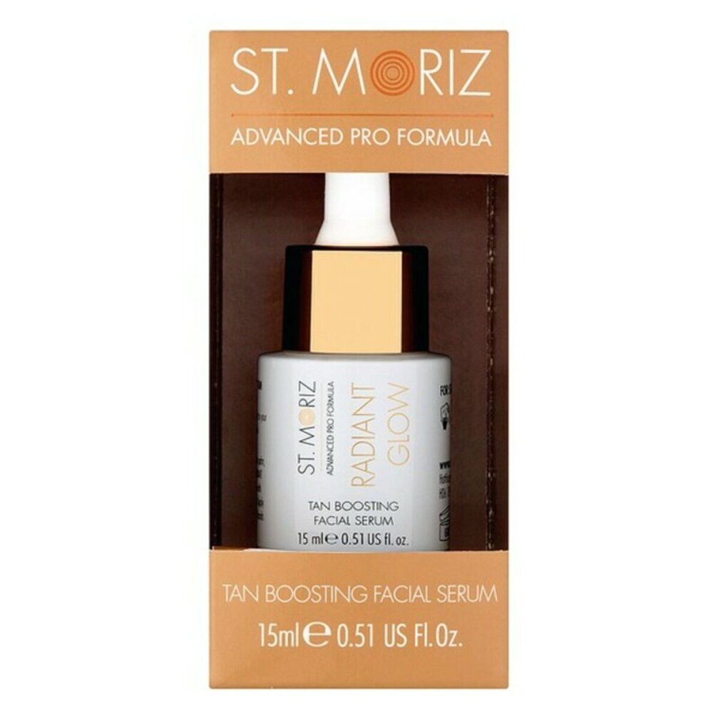 Serumflasche in Verpackung. Aufschrift: St. Moriz, Advanced Pro Formula, Radiant Glow, Tan Boosting Facial Serum.