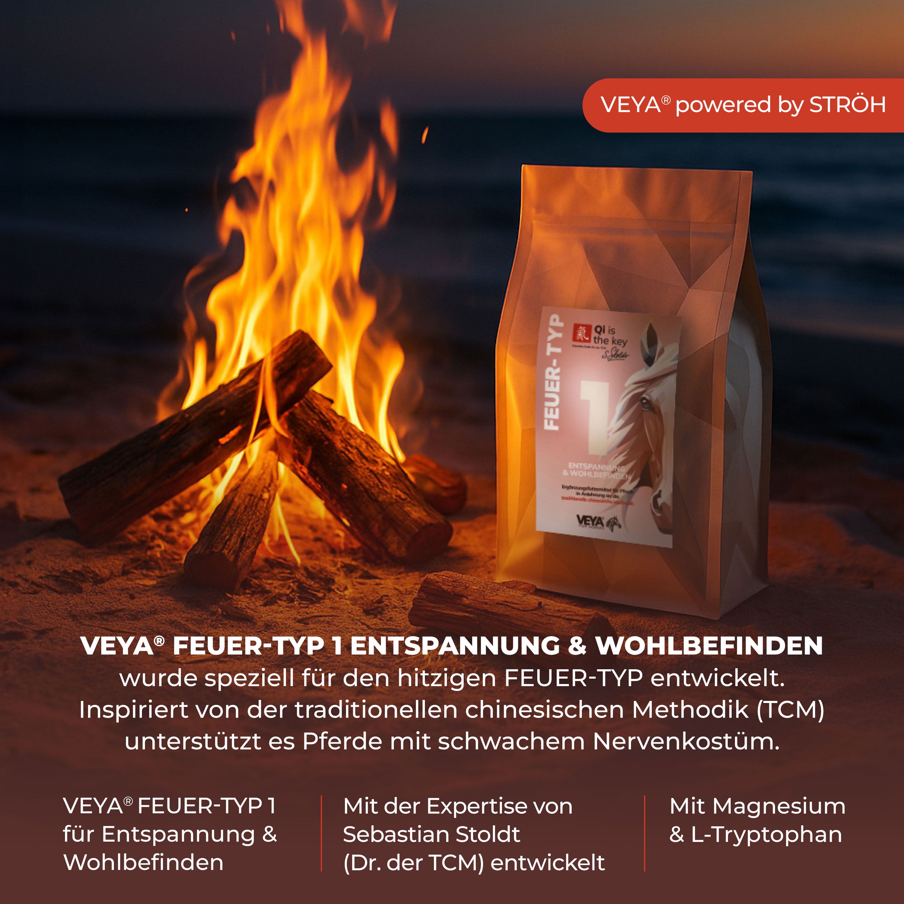 Beutel mit Produkt, Feuer-Typ 1. Transparente Verpackung, Produktname und Logo sichtbar. Hintergrund: Feuer.