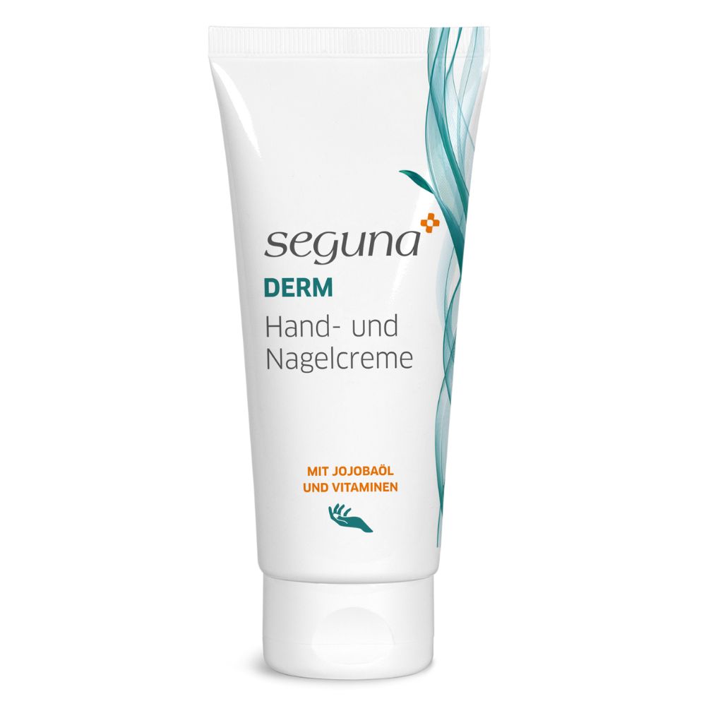 Weiße Tube mit Schriftzug "seguna Derm Hand- und Nagelcreme". Enthält Jojobaöl und Vitamine. Grün-blaue Grafik.