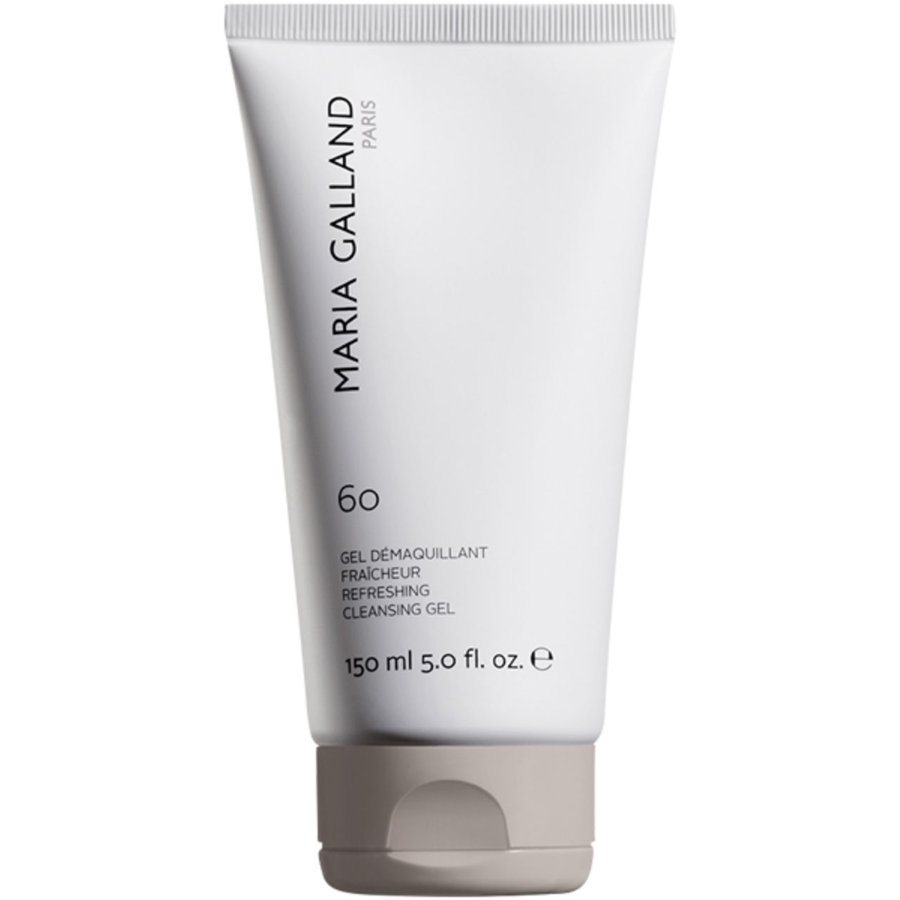 Weiß-graue Tube mit Produktbezeichnung und Text. Aufschrift: MARIA GALLAND PARIS, 60, Gel Démaquillant Fraîcheur, Refreshing Cleansing Gel.