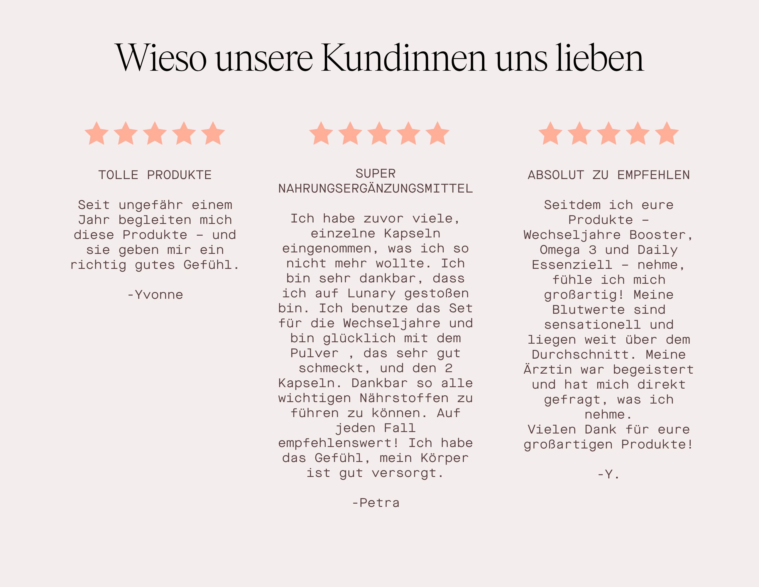 Text: Wieso unsere Kundinnen uns lieben. Zitate von Kunden. Bewertung mit Sternen.