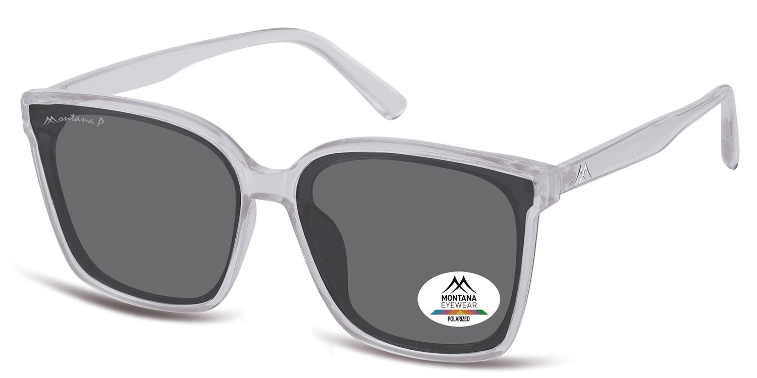 Montana Eyewear Sonnenbrille. Rechteckige Form, graue Gläser, transparente Fassung. Logo und Polarized-Aufkleber.