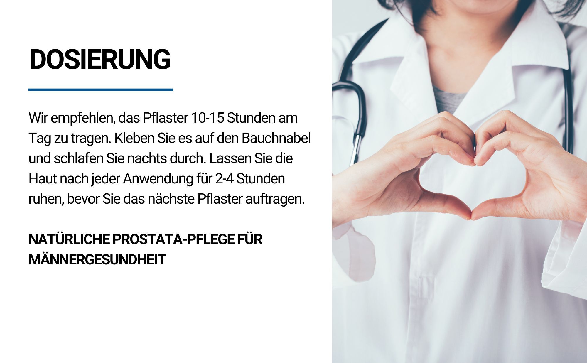Hände formen Herz. Text: Anwendung des Pflasters. Natürliche Prostata-Pflege für Männergesundheit. Dosierung: 10-15 Stunden tragen, 2-4 Stunden Pause.